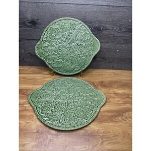 Bordallo Pinheiro Holly Green Majolica Cake Plate Tart Tray Platter 14” ~2 Pc